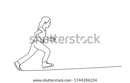Running girl. Line drawing vector illustration.