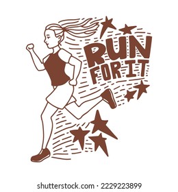 Running Girl. Motivational Composition in Doodle Style for Fliers Ads Banners Posters. Vector Illustration