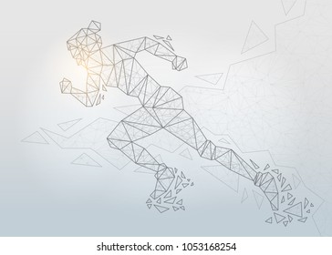 Running girl on gray background, connecting dots and lines. Light connection structure. Low poly background.