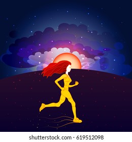 Running girl on morning sky background. Sunrise, clouds, stars. Night sky. Vector illustration.