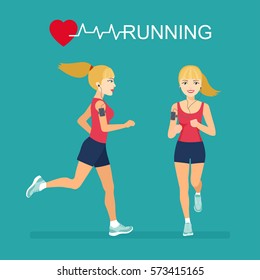 Running girl girl in profile, and the front position. Vector flat illustration