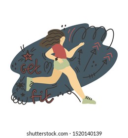 Running girl. Quote : get fit and decorative element around. Vector illustration