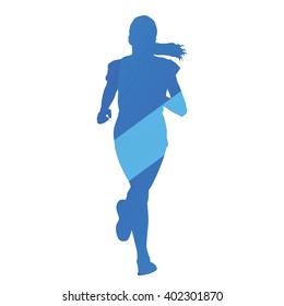 Running girl, run, jog, abstract blue vector silhouette