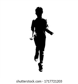 Running girl, small kid athlete, isolated vector silhouette. Front view