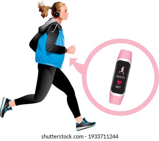 Running girl with Smart Watch, fitness, sport, people and healthy lifestyle concept - young woman with heart rate watch run, isolated on white realistic vector illustration