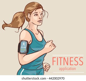 Running girl with a smartphone attached to the shoulder. Sports or fitness tracking app for running people. Vector illustration