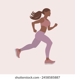 running girl in a sports uniform (leggings and a sports bra) is engaged in fitness, sports, woman runs, morning run, jogging.