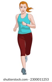 Running girl in sports wear isolated on white background. Vector illustration