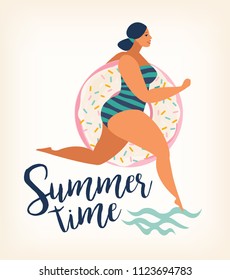 Running girl with sweet donut inflatable swimming pool floats. Vector illustration.