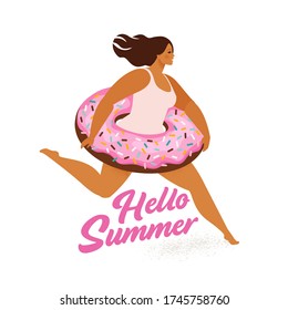 Running girl with sweet donut inflatable swimming pool float. Vector illustration.