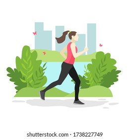 Running girl at a training session in the Park. Vector illustration in flat style.