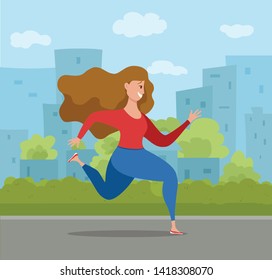 Running girl vector illustration in cute colorful cartoon flat style. Jogging woman doing fit cardio training sport workout. Healthy lifestyle physical concept.