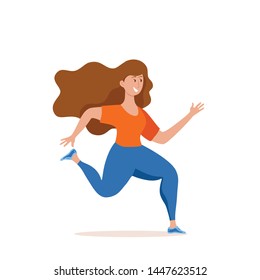 Running girl vector illustration in cute colorful cartoon flat style. Jogging woman doing fit cardio training sport workout. Healthy lifestyle physical concept.