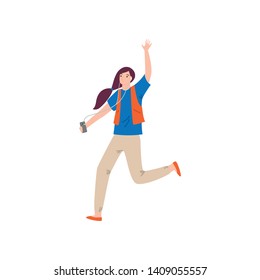 Running girl with vest and listen music from smartphone