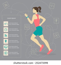 Running girl with wearable technologies (small monitor on the hand) and icons of the options of such devices
