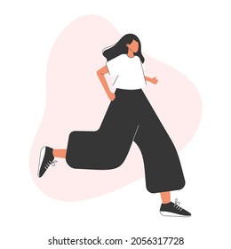 Running girl in white t-shirt and black pants isolated on white background. Cartoon jogging. Female in motion. Vector flat illustration. 	