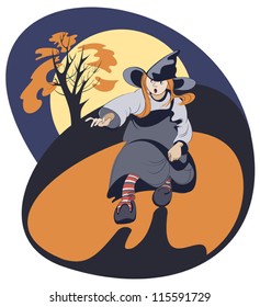  Running girl in witch costume on a background of yellow moon