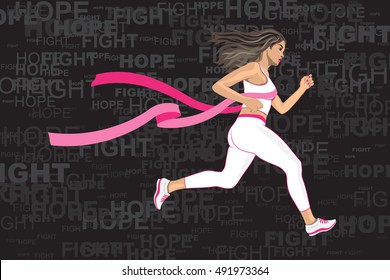 Running Girl. Woman Win Her Run Competition For Breast Cancer Awareness With Pink Ribbon Of Finish Line