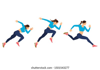 Running girl young female athlete in tracksuit. Vector set of animation frames