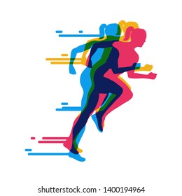 Running girls colorful poster.Running marathon. Vector creative illustration with run people