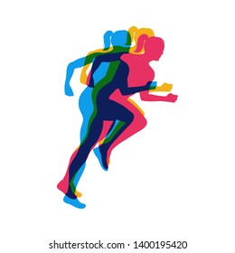 Running girls colorful poster.Running marathon. Vector creative illustration with run people