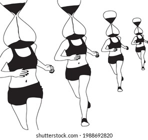 Running girls in shorts and T-shirts with an hourglass instead of their heads, time is a fleeting concept 