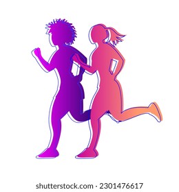 Running Girls. Silhouette composition. Gradient and line. 