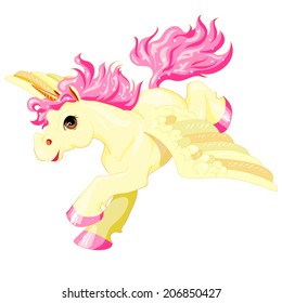 running golden Baby Pegasus / flying horse with wings. Element for design of cards, toys, clothes and other products for children. Vector illustration. Isolated