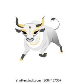Running gray bull with big eyes and yellow accents. Vector stock illustration