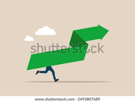 Running green arrow up value. Raising high standards of living and prices. Flat vector illustration.