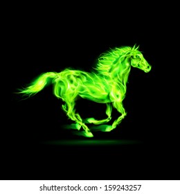 Running green fire horse on black background.