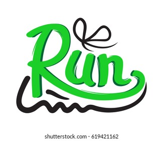 Running green shoe trainers symbol on white background. Running is useful for your health, keeps fit. Vector illustration logotype provokes to move rapidly on feet. Logo in flat style design