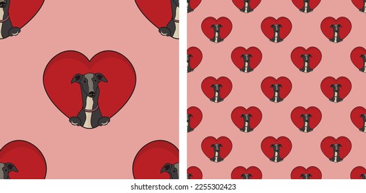 Running Greyhound dog with paws pattern, Valentine's day heart wallpaper. Love heart with pet head holiday texture. Dog face Holding Heart Cartoon square background. St Valentine's day present paper.