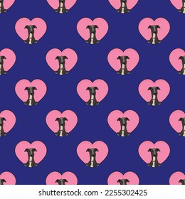 Running Greyhound dog with paws pattern, Valentine's day heart wallpaper. Love heart with pet head holiday texture. Dog face Holding Heart Cartoon square background. St Valentine's day present paper.
