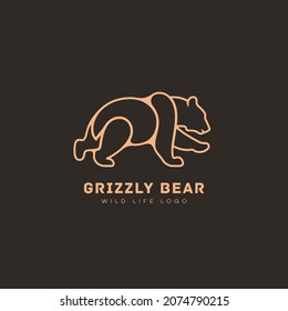 Running grizzly bear logo design template. Linear style. Vector illustration.