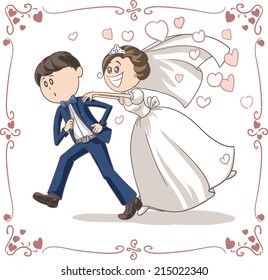 Running Groom Chased by Bride Funny Vector Cartoon - Vektorgrafik eines verängstigten Bräutigams, der vor Braut und Ehe wegläuft. Dateityp: Vektor EPS AI8 kompatibel. Keine Farbverläufe und keine Transparenz.  