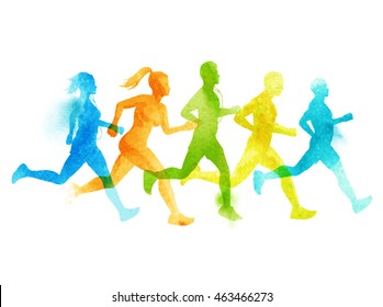 A Running Group Of Active Sports People, Men And Women. Watercolour Vector Illustration.