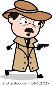 Running With Gun - Retro Cartoon Police Agent Detective Vector Illustration