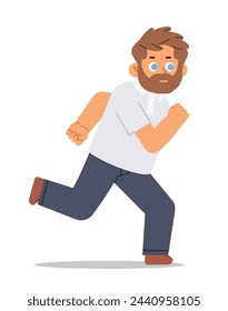 Running guy in casual clothes on isolated background. Male vector character