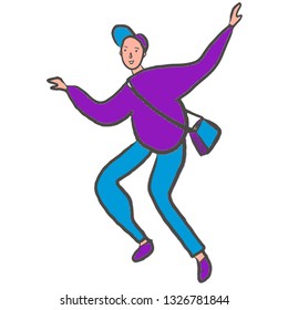 Running guy. Colorful cartoon character in casual clothes. Sweatshirt, jeans, cap, bag. Sporty stile. Flat. Happy, hurry. Emotions. Student, hipster. Young boy with friendly face. For design, print