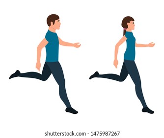 Running guy and girl character in a flat style, man and woman in a hurry vector illustration on a white background
