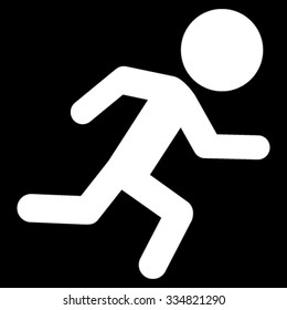 Running Guy vector icon. Style is flat symbol, white color, rounded angles, black background.