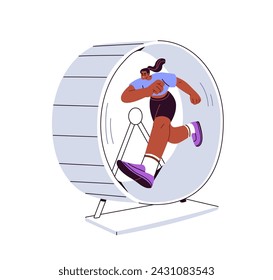 Corriendo en la rueda del hámster. Mujer apresurándose, corriendo en círculo. Rata, trabajo eterno repetitivo, rutina monótona, concepto de repetición. Ilustración vectorial gráfica plana aislada sobre fondo blanco