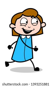 Running Happily - Retro Office Girl Employee Cartoon Vector Illustration﻿