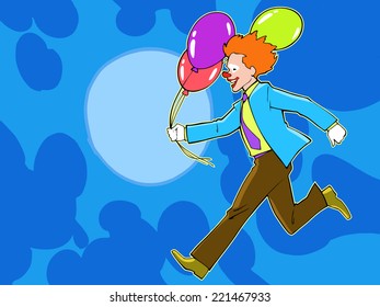 Running happy birthday clown with balloons 