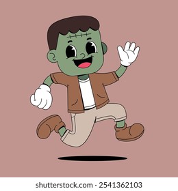 Running happy zombie in retro cartoon style