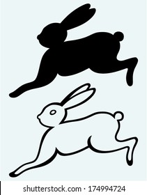 Running hare. Image isolated on blue background