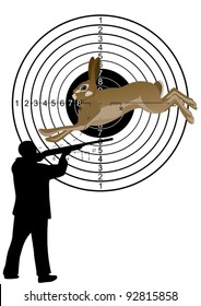 Running hare on the background of the target and the man with the gun.