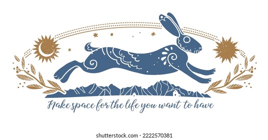 Running hare. Vector hand drawn illustration on white background in scandinavian style