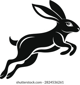 Running hare vector illustration. Black silhouette of a fast leaping rabbit or jackrabbit isolated on white background.